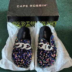 NIB NEW Cape Robbin Elsa Multicolor Sequin & Black Velvet Mules Slide Sandals